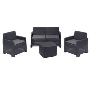 WELL HOME - Juego de jardin completo con Mesa + 2 sillas + Banco acompa?ado de almohadillas grises