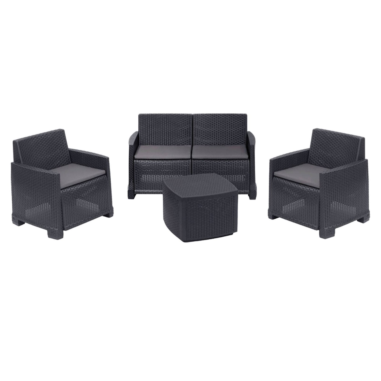 WELL HOME - Juego de jardin completo con Mesa + 2 sillas + Banco acompa?ado de almohadillas grises