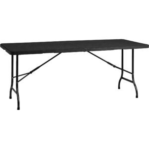 Mesa Plegable Multifuncional 180x74x74cm, acabado efecto Ratan, color Negro, facil plegado y asa para su desplazamiento