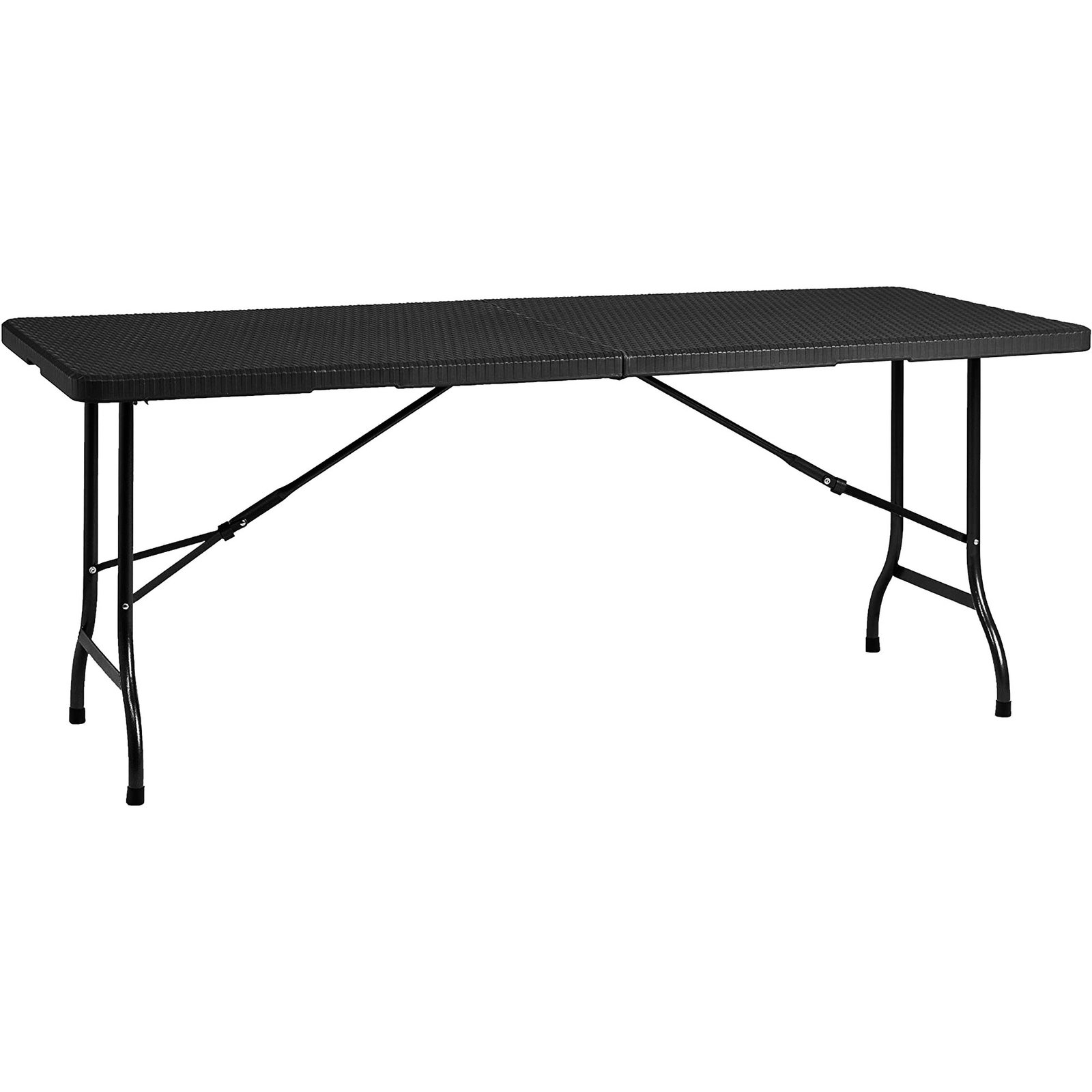 Mesa Plegable Multifuncional 180x74x74cm, acabado efecto Ratan, color Negro, facil plegado y asa para su desplazamiento